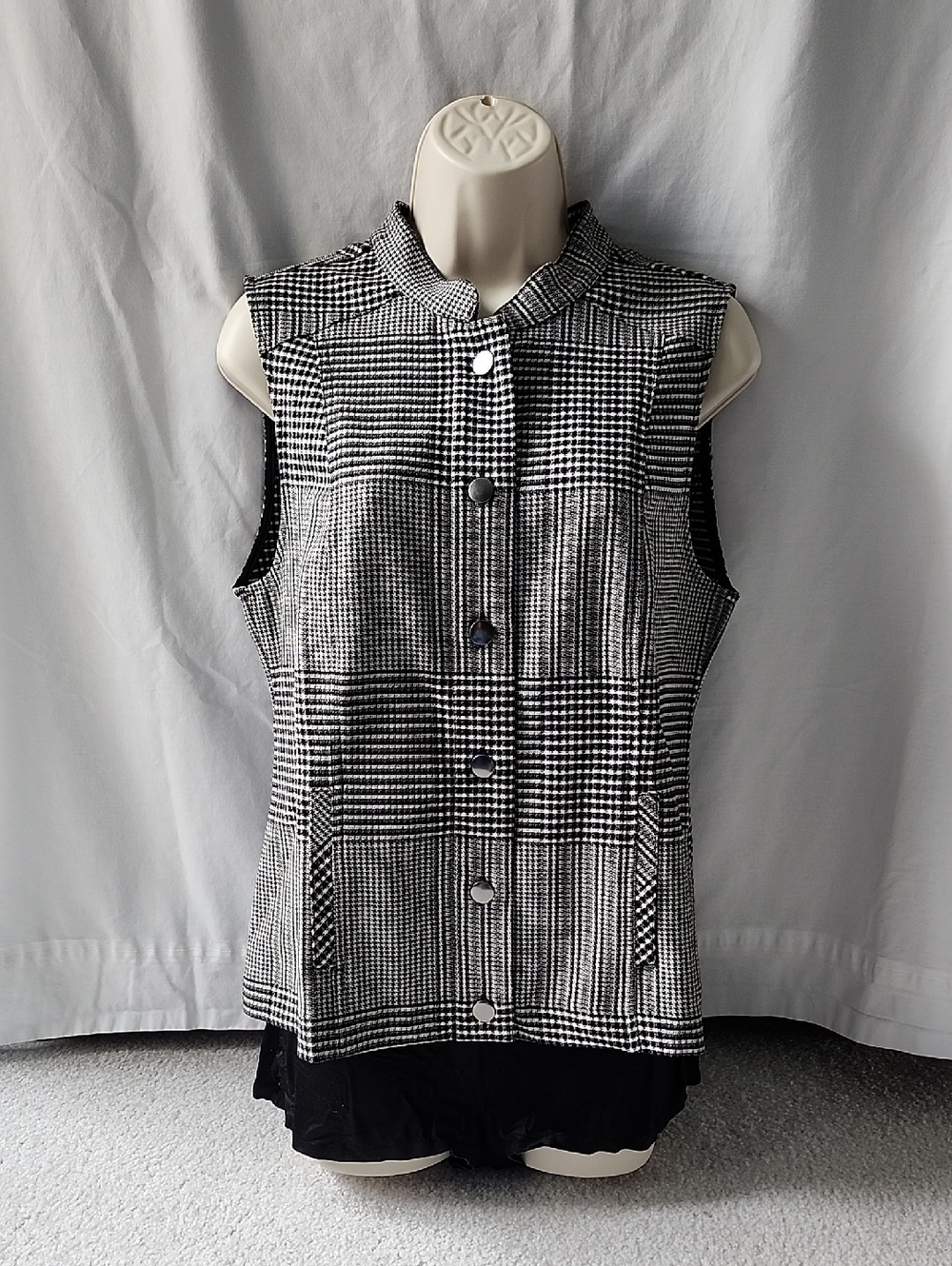 Christopher & Banks Sleeveless Black & White Plaid Button-Front Vest